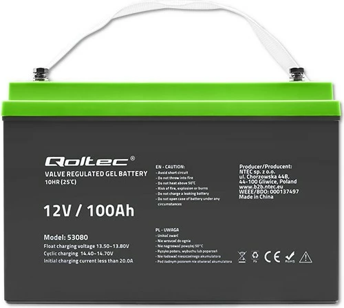 Gel baterija 100Ah 12V Qoltec, model 53080, črna z zelenim pokrovom