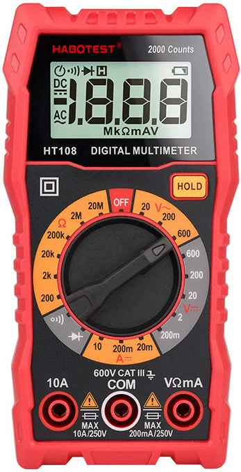 Digitalni multimeter Habotest HT108L, 2000 števk, True RMS, osvetljen zaslon, CAT III 600 V, z merilnimi žicami