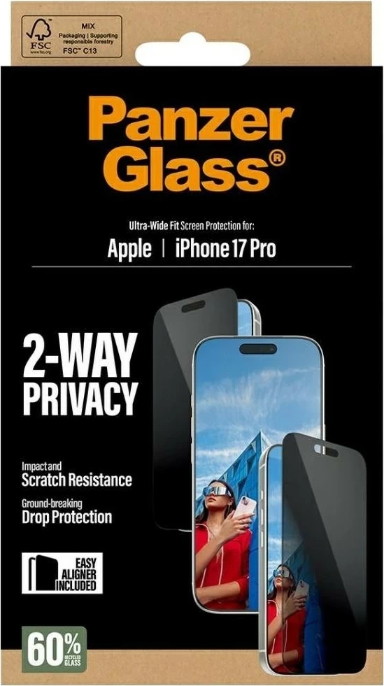 Zaščitno steklo za zasebnost, PanzerGlass Ultra-Wide Fit EasyAligner za iPhone 17 Pro, črn