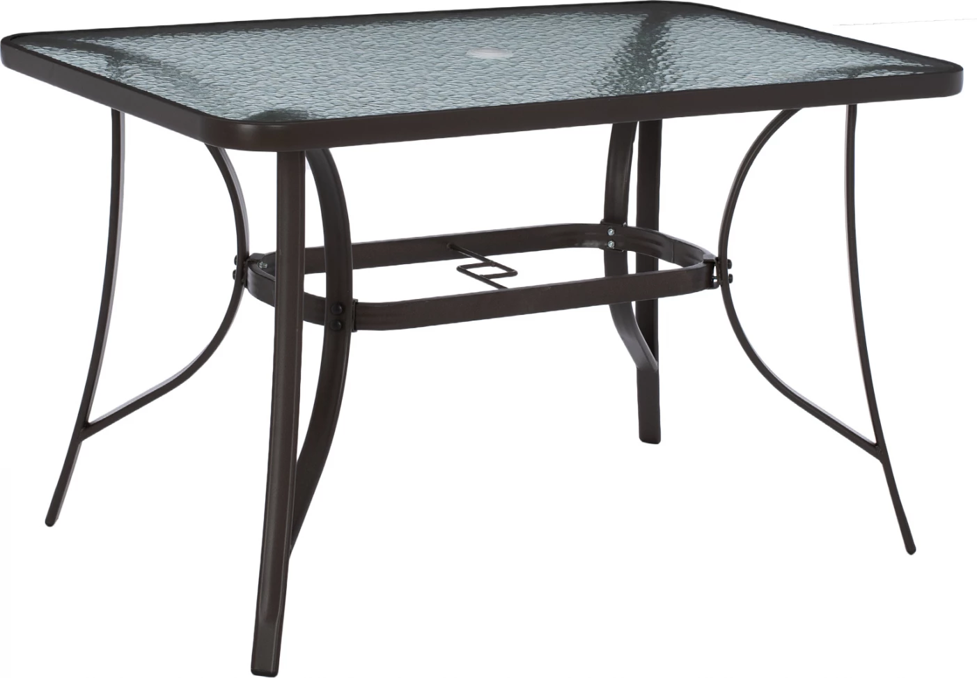 Zunanja miza rjave barve iz kovine in stekla z odprtino za dežnik 120Χ70Χ72Hcm.FH5021.12