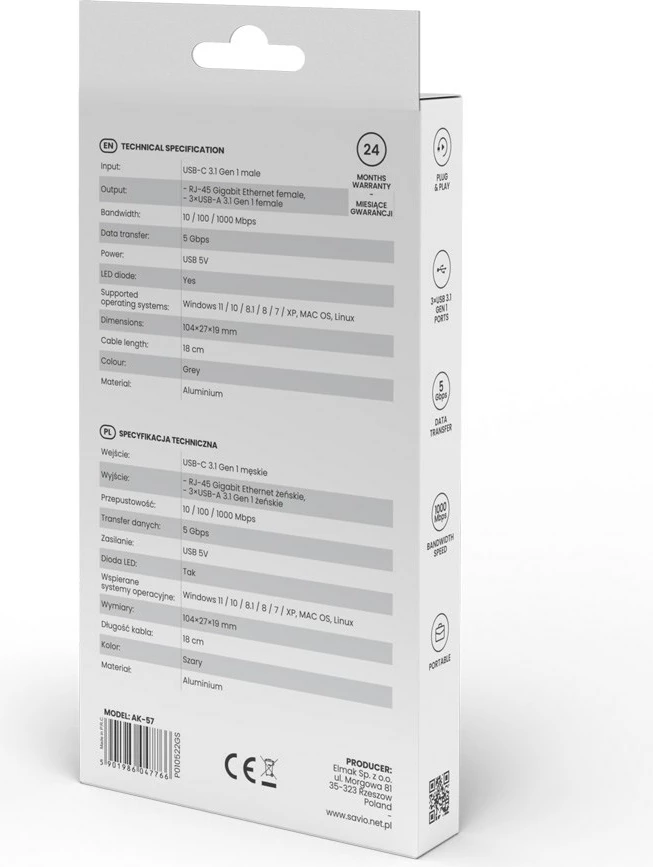 Razdelilnik Savio AK-57 USB-C - 3 x USB-A, 5000 MB/s, sivo