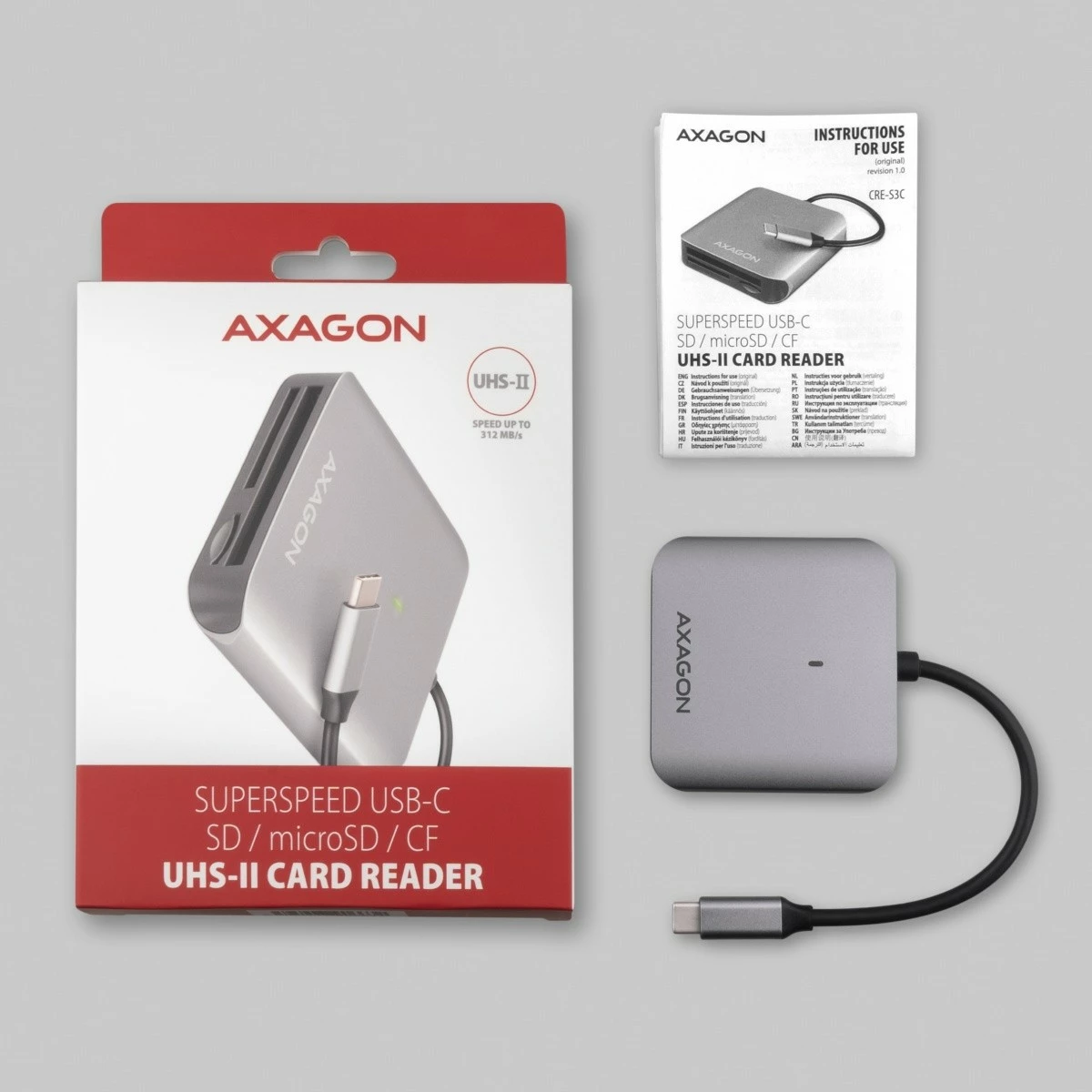 Bralnik kartic AXAGON CRE-S3C, USB-C, 3 reže, aluminij, siv