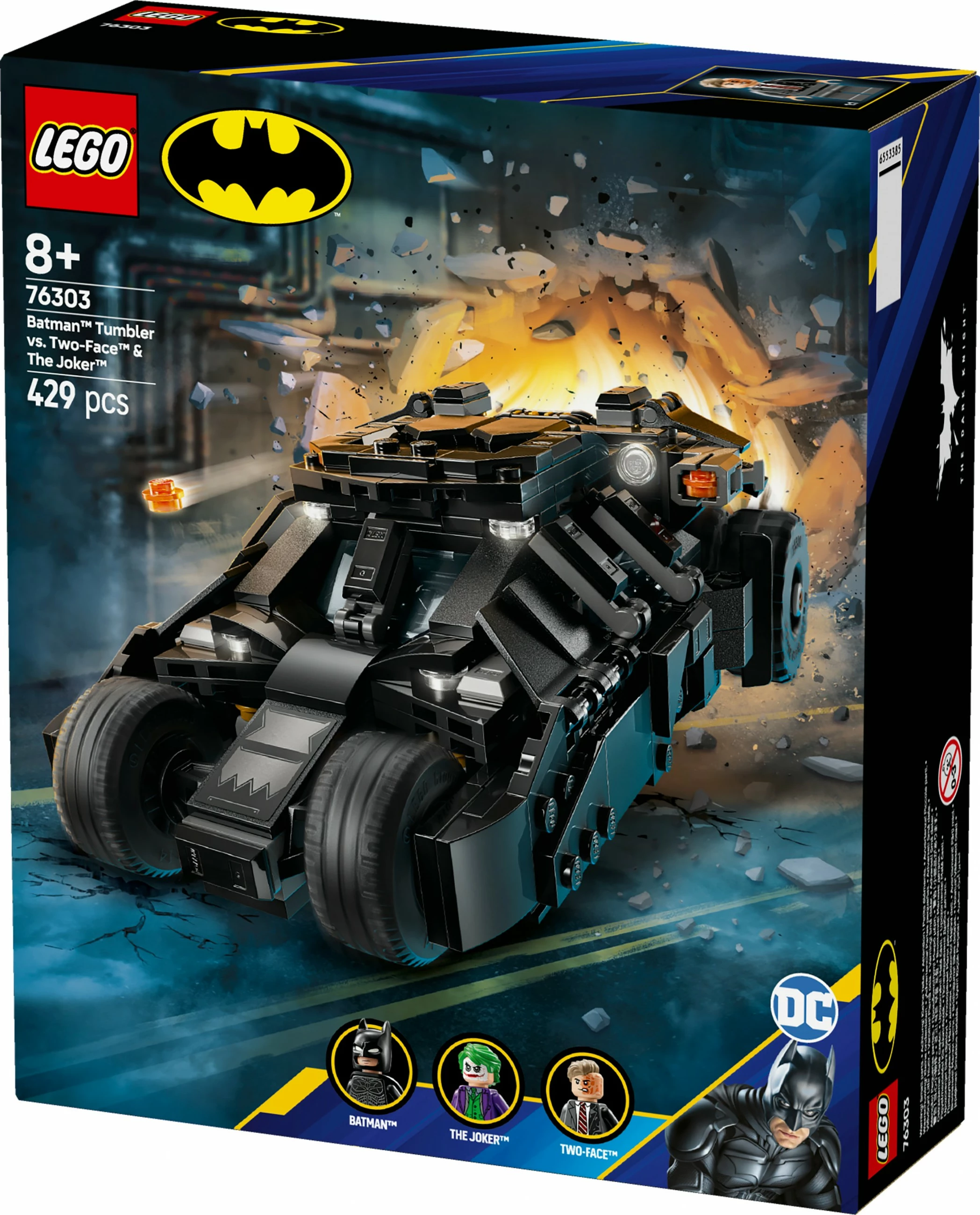Gradbeni set LEGO DC Super Heroes 76303 Batman Tumbler proti Two-Face & Joker, 429 kosov, večbarven