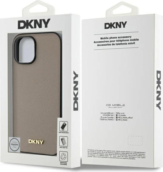 Ovitek za telefon z žimanim kovinskim logotipom MagSafe, DKNY, za iPhone 15, bež