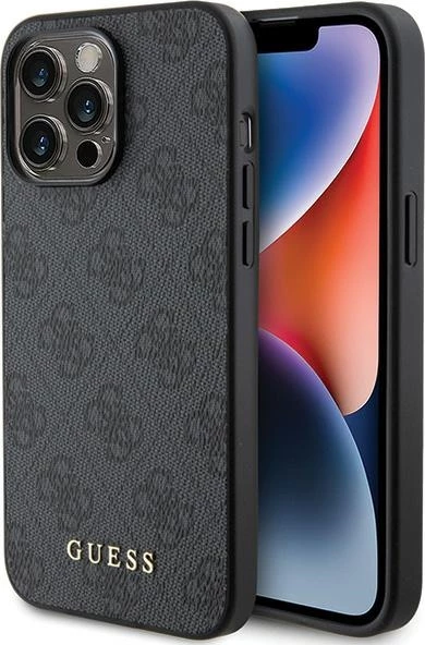 Ovitek za telefon z zlatim metalnim logotipom 4G Guess za iPhone 15 Pro Max, siv