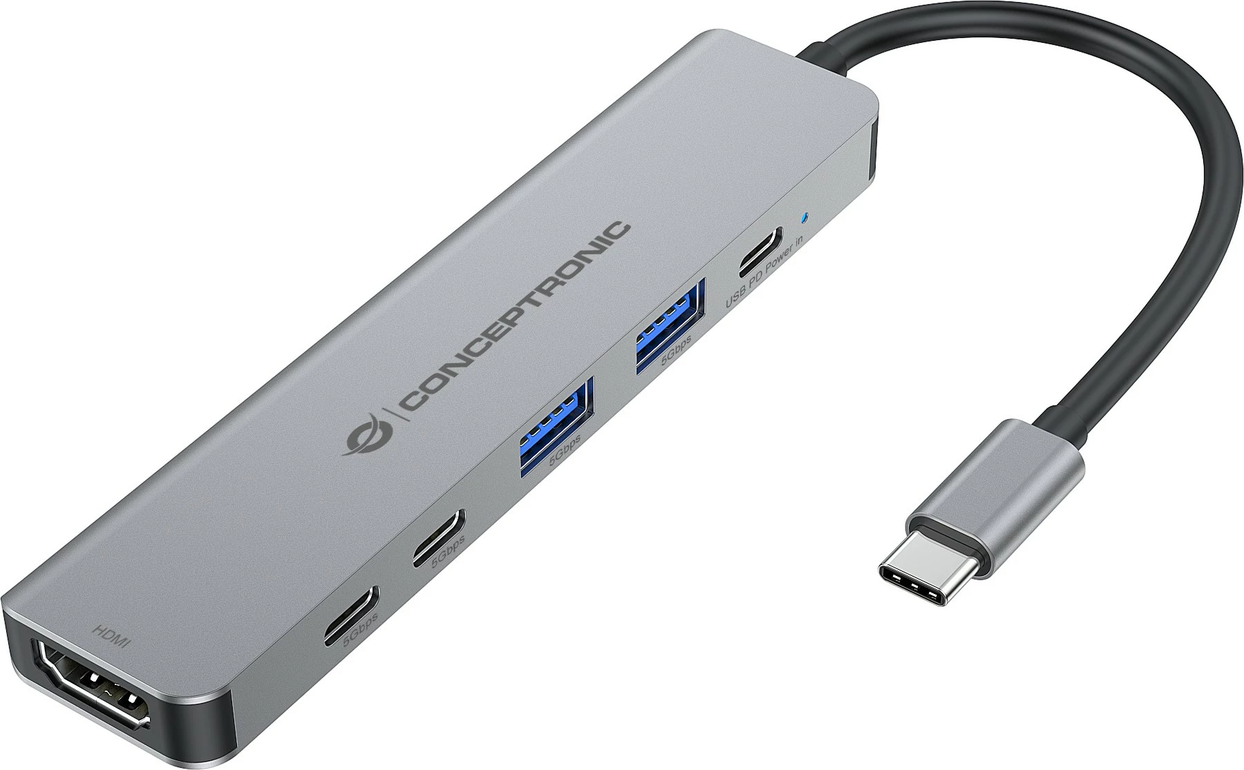 Docking postaja 6-v-1 Conceptronic, USB-C v HDMI/2xUSB-A/2xUSB-C, 25 cm, siva