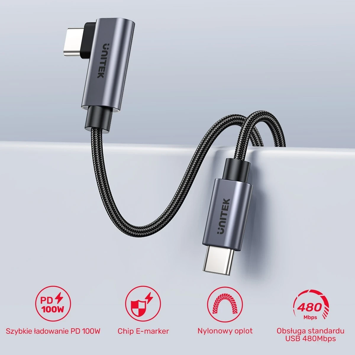 Kabel USB-C z 90° kotom PD 100W 0,5 m, črno-siv - Unitek