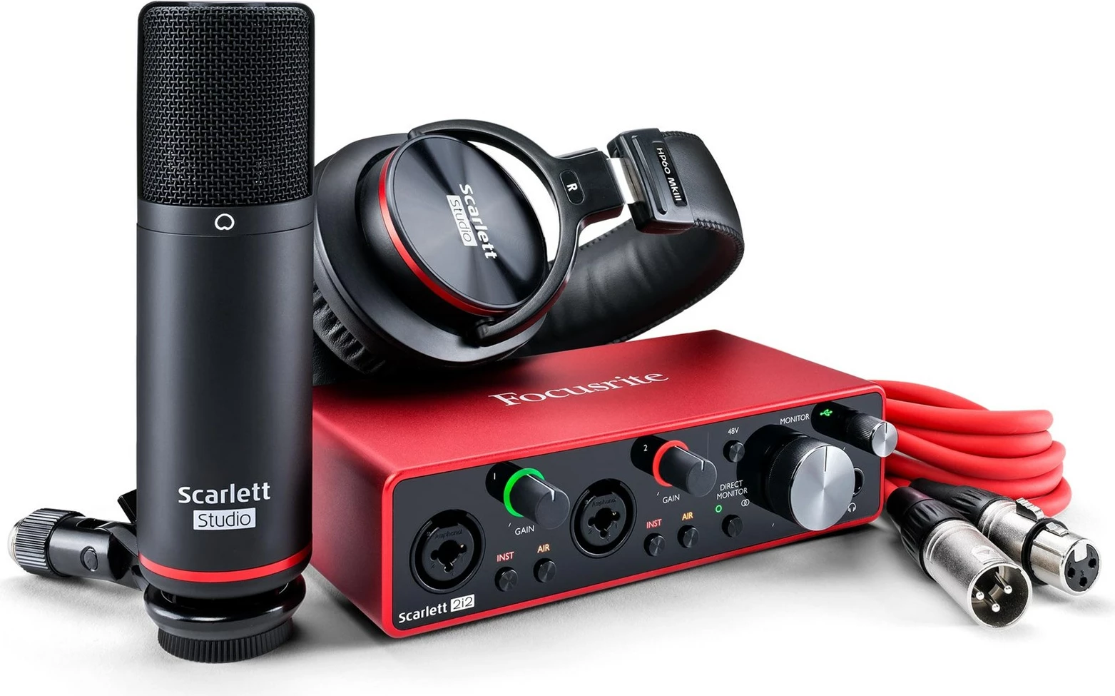 Studijski komplet z mikrofonom, slušalkami in avdio vmesnikom Focusrite Scarlett 2i2, rdeč