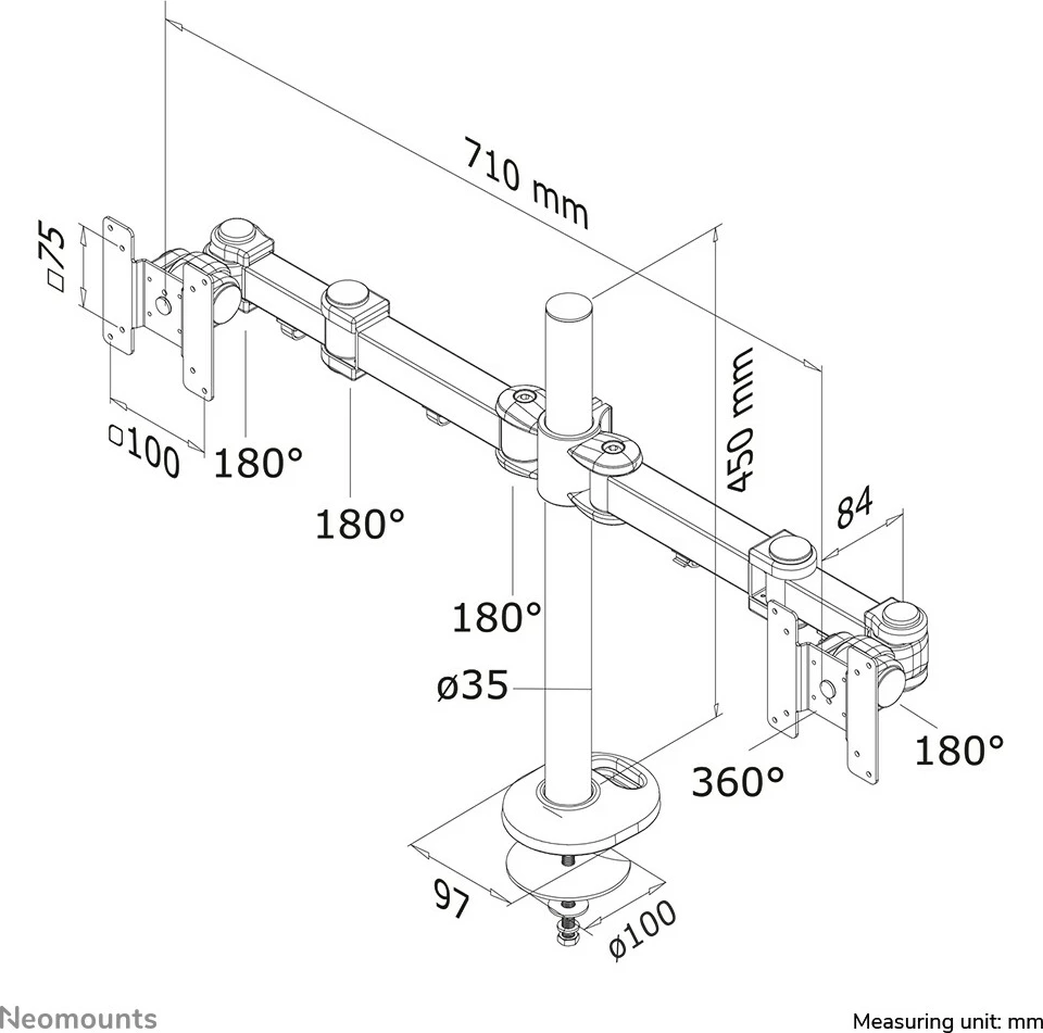 Krmilni nosilec za monitor, Neomounts FPMA-D960DG, gromet, 8 kg, 10"–27", črn