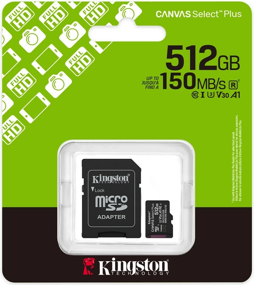 Kartica microSDXC Kingston Canvas Select Plus Gen3 512GB z adapterjem, črna