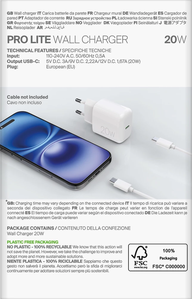 Stenski polnilec Puro PROLITE 20W, USB-C, bel