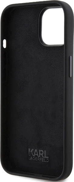 Ohišje iz silikona z ikoničnim kovinskim znakom Karl Lagerfeld za iPhone 15, črno