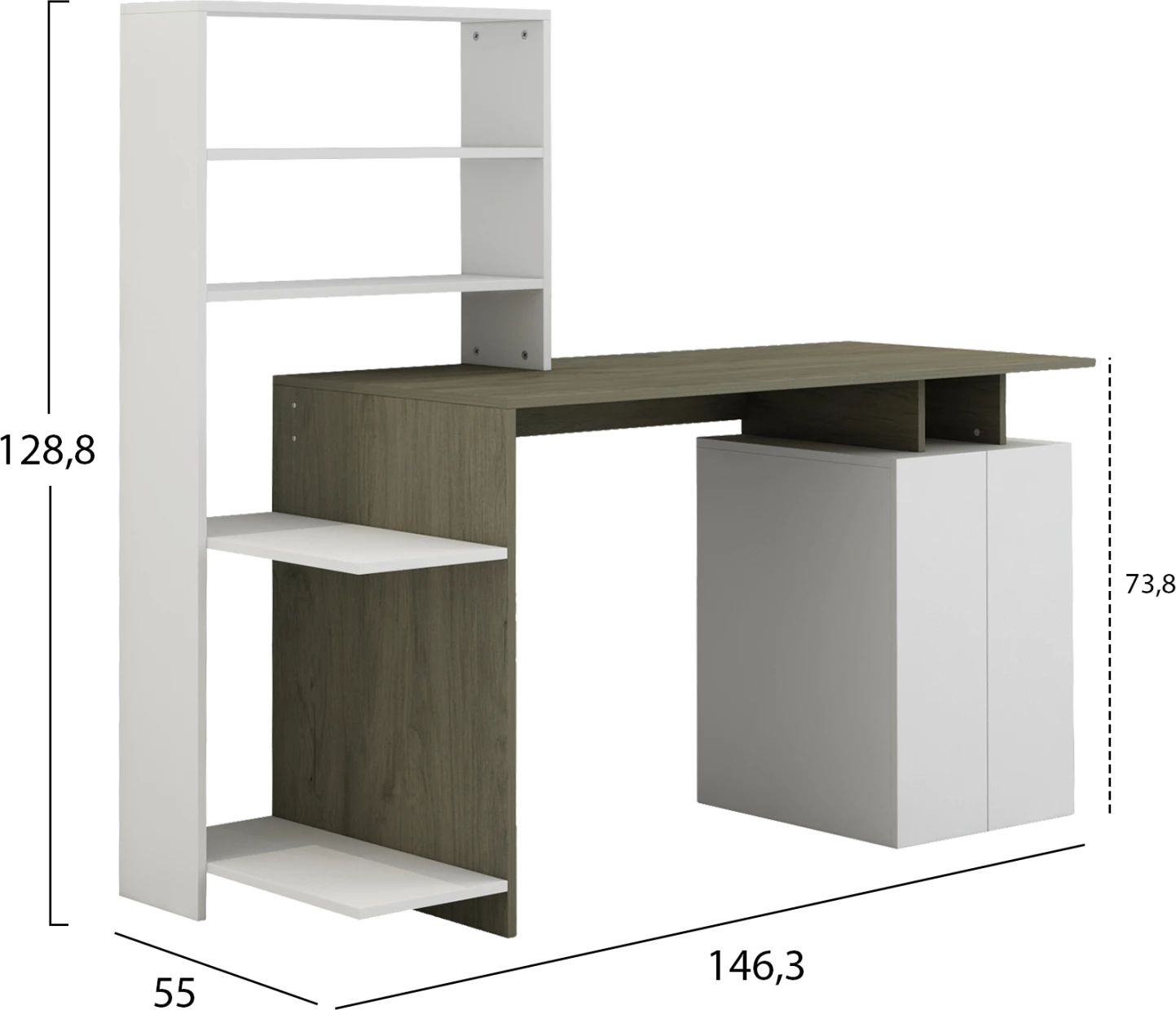 Pisalna miza z knjižno omaro ROCHELL melamin olivno siva bela barva 146,3x55x128,8H cm FH8886.11