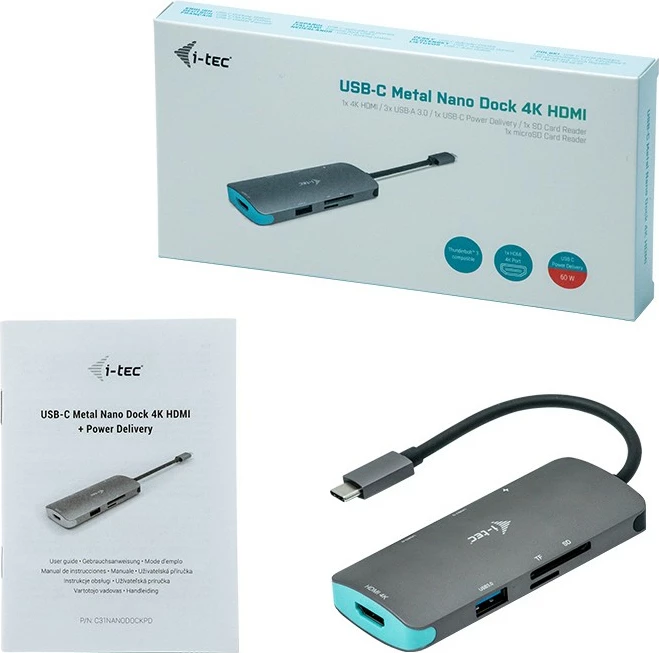 USB-C Nano dok za razširitev I-Tec Metal, 4K HDMI, 100W, srebrno/tirkizen