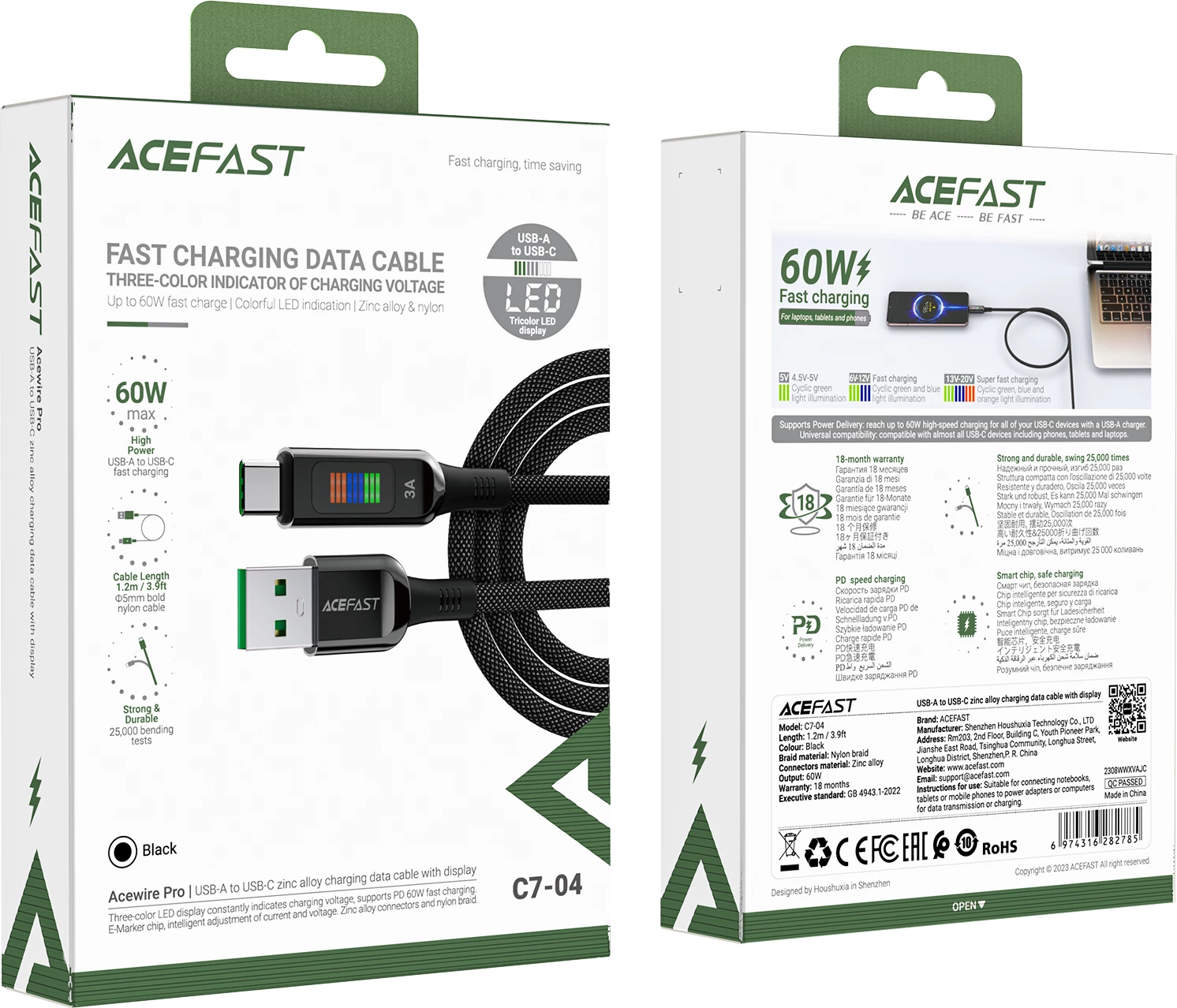 Kabel USB-A v USB-C Acefast C7-04, 1,2 m, 60 W, z zaslonom, črn