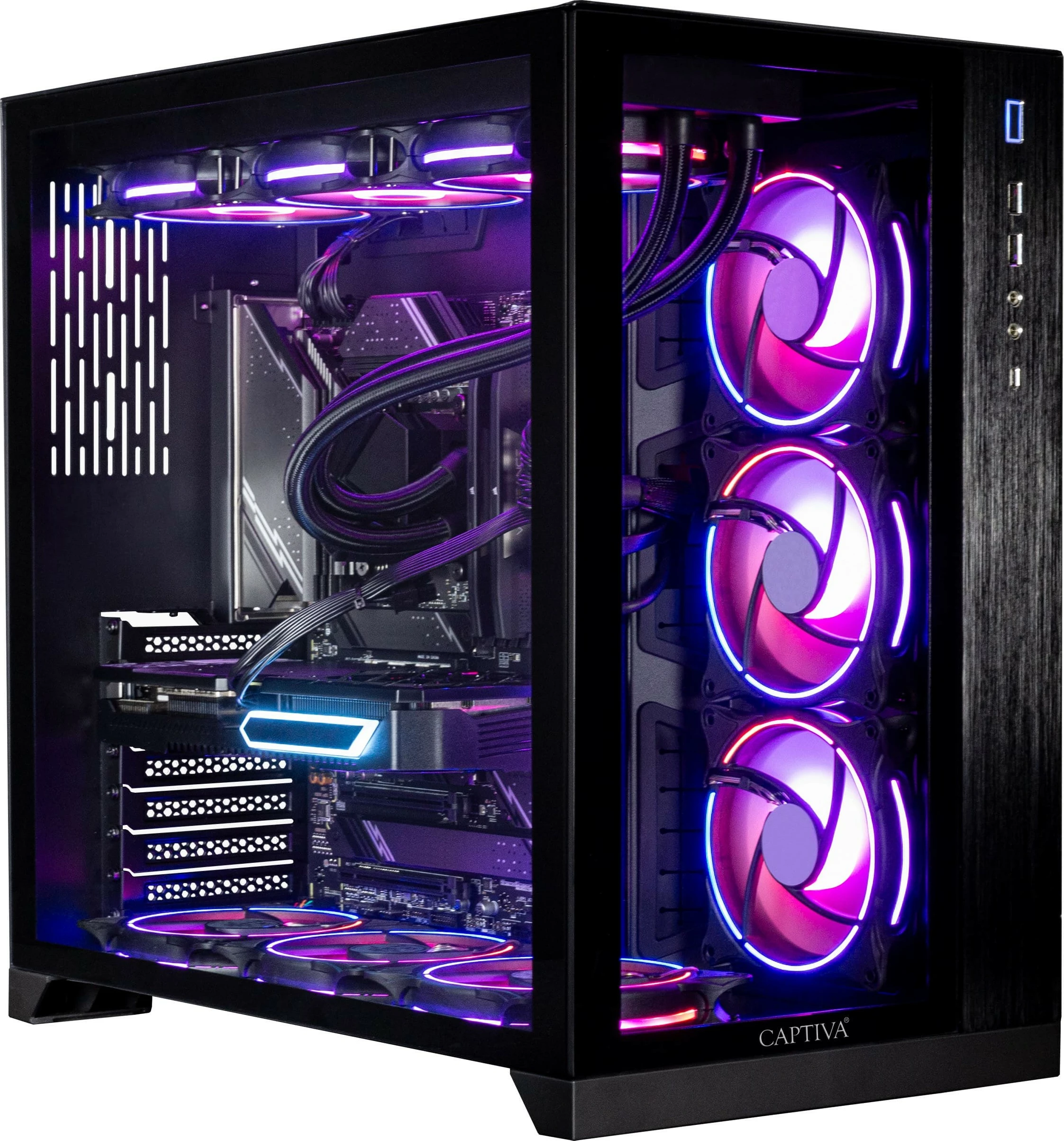 Highend igralni računalnik Captiva R89-724, AMD Ryzen 9 9800X3D, 64 GB RAM, 2 TB SSD, RTX 5070 Ti, Windows 11, črn z RGB osvetlitvijo