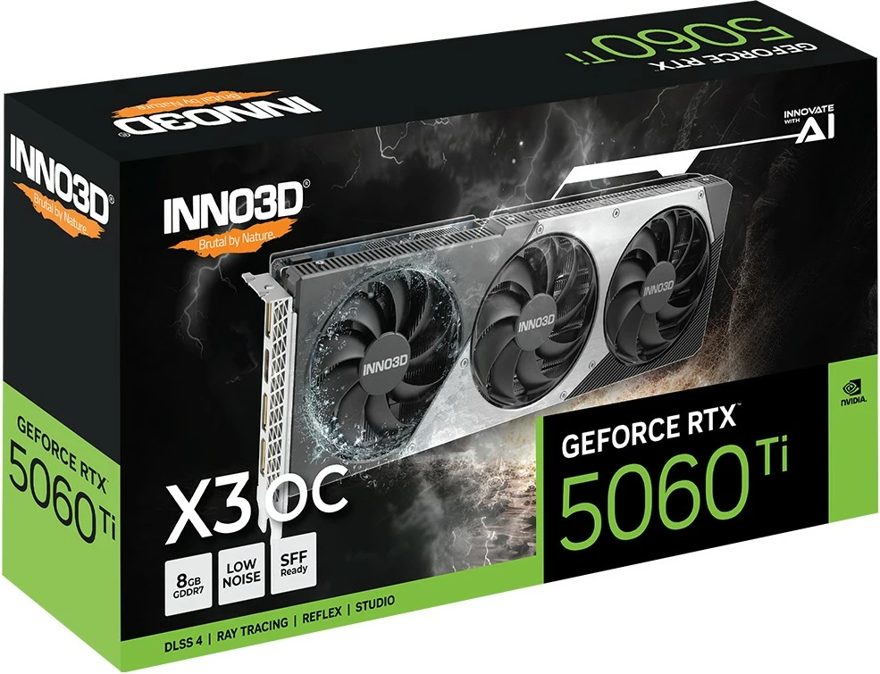 Grafična kartica Inno3D RTX 5060 Ti Twin X3 OC, 8 GB GDDR7, 3 ventilatorji, črno/siva
