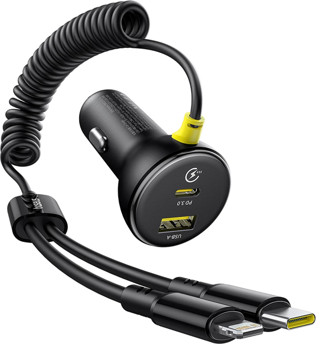 Hitri avto polnilec Baseus Circular, 60W, USB-A + USB-C, vgrajen kabel Lightning + USB-C 1,4 m, črn