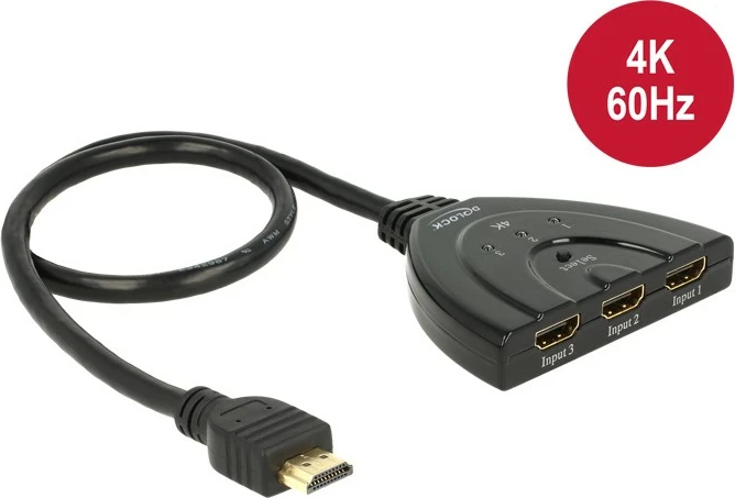 HDMI preklopnik, 3 vhodi, 1 izhod, 4K 60Hz, 0,5 m, črn, DeLOCK 18600
