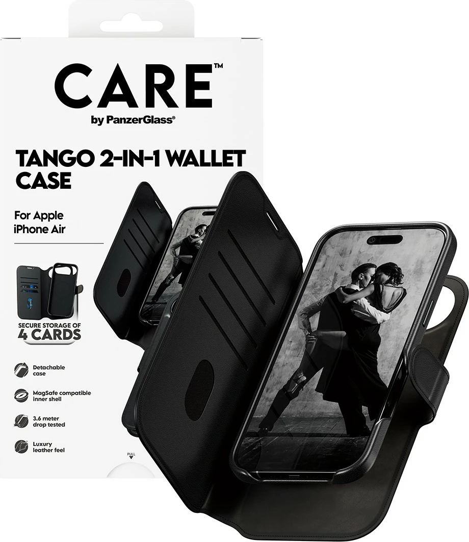 Ovitek za telefon 2-v-1 z denarnico, MagSafe PanzerGlass CARE Feature Case Tango za iPhone, črn