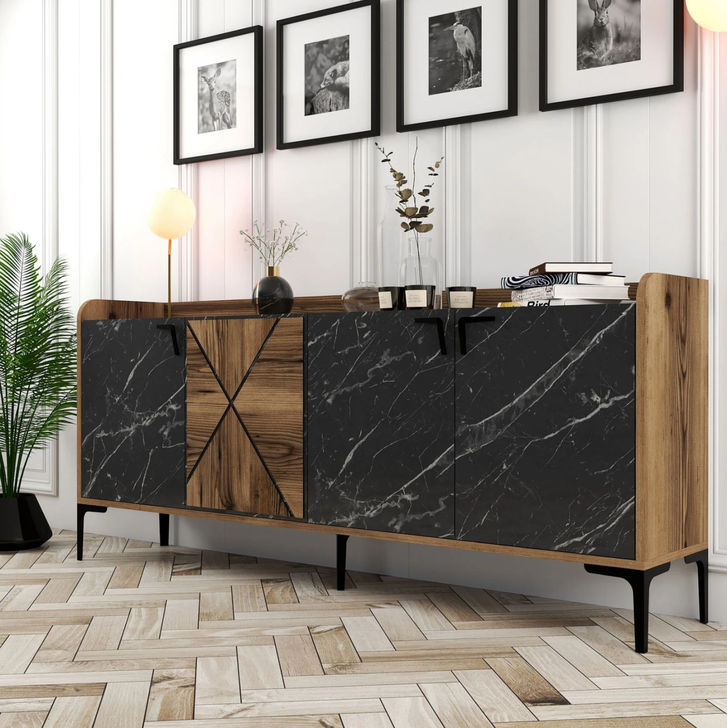 Bufet iz melamina FH9433.03 oreh z vrati v videzu črnega marmorja 180x35x78H cm