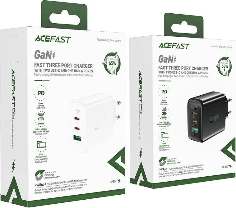 Hitri stenski polnilec Acefast A41, 65W, 2x USB-C / USB-A, črn