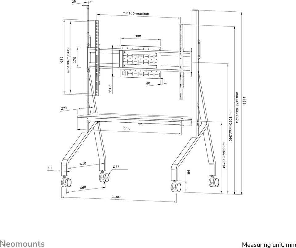 Mobilna multimedijska voziček za TV 55-86", Neomounts FL50-525WH1, jeklo, bel, nastavljiva višina