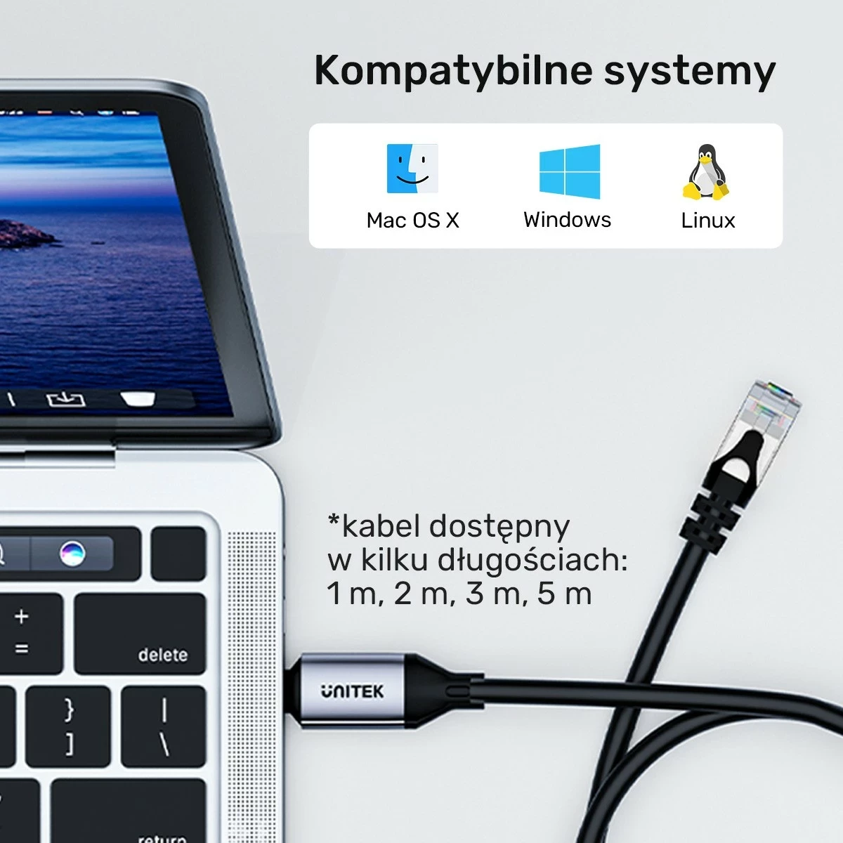 Ethernet kabel USB-C na RJ-45 Unitek, 5 m, črno-srebrn
