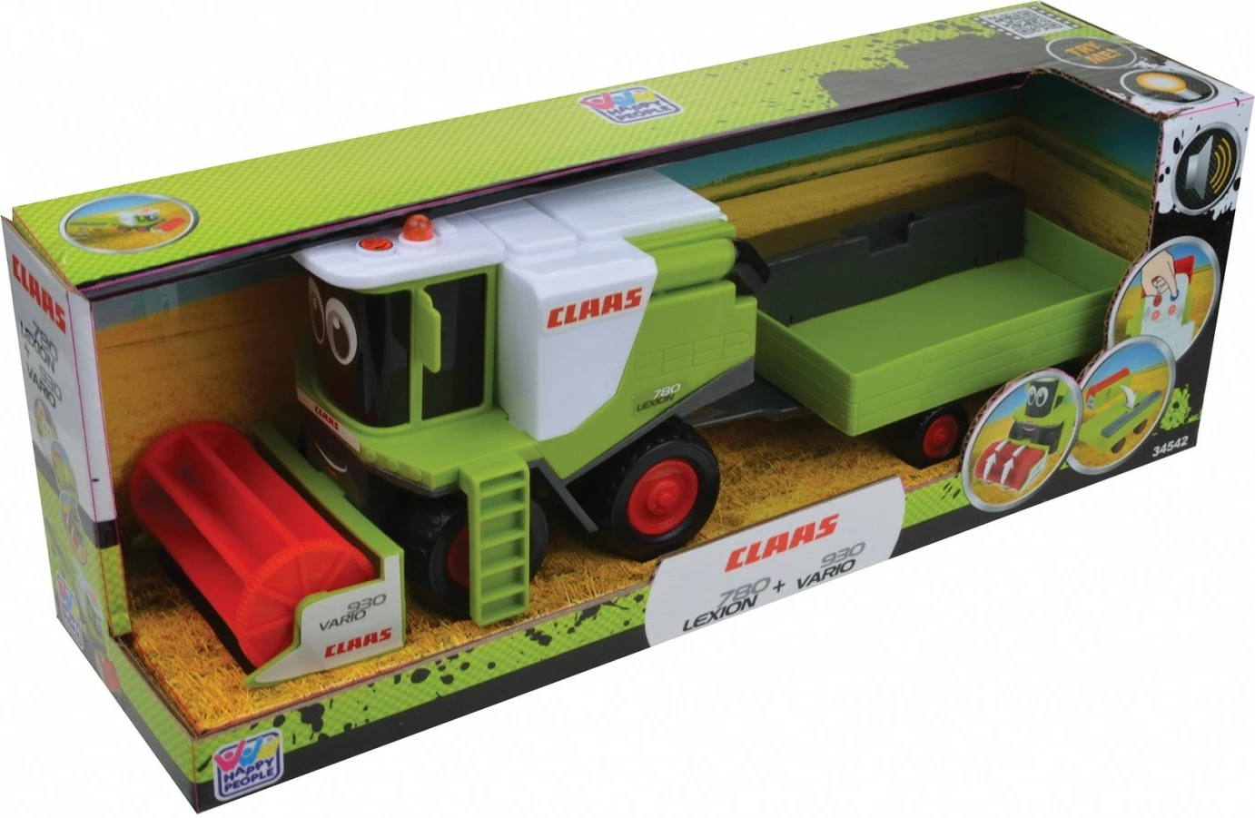 Igralni kombajn z vlečno prikolico, plastika, zelen, z lučmi in zvoki, Claas MALIK 34542