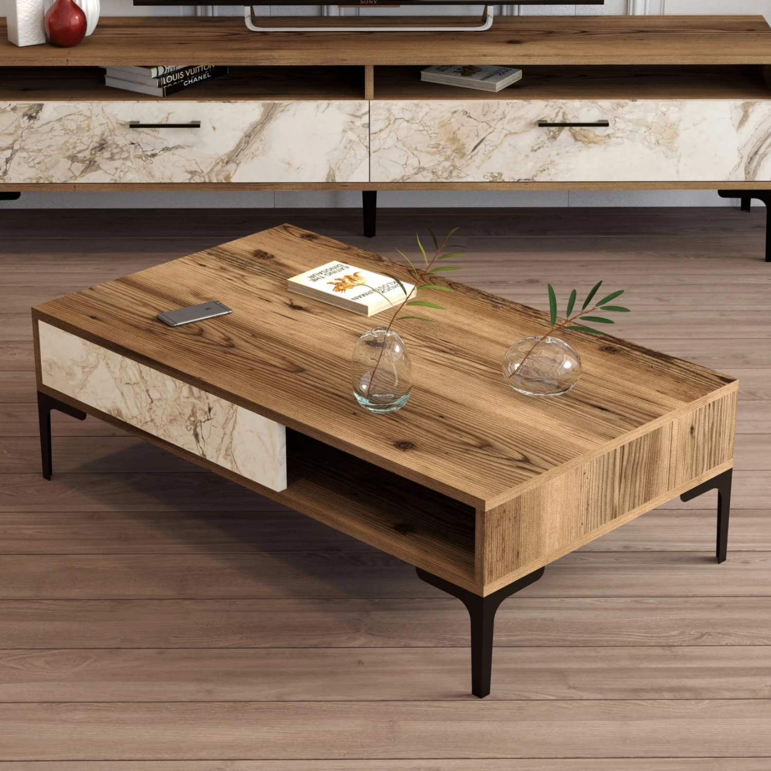 Klubska mizica FH9503.05 melamin oreh-beli marmor videz & kovinske noge 105x60x32.6Hcm