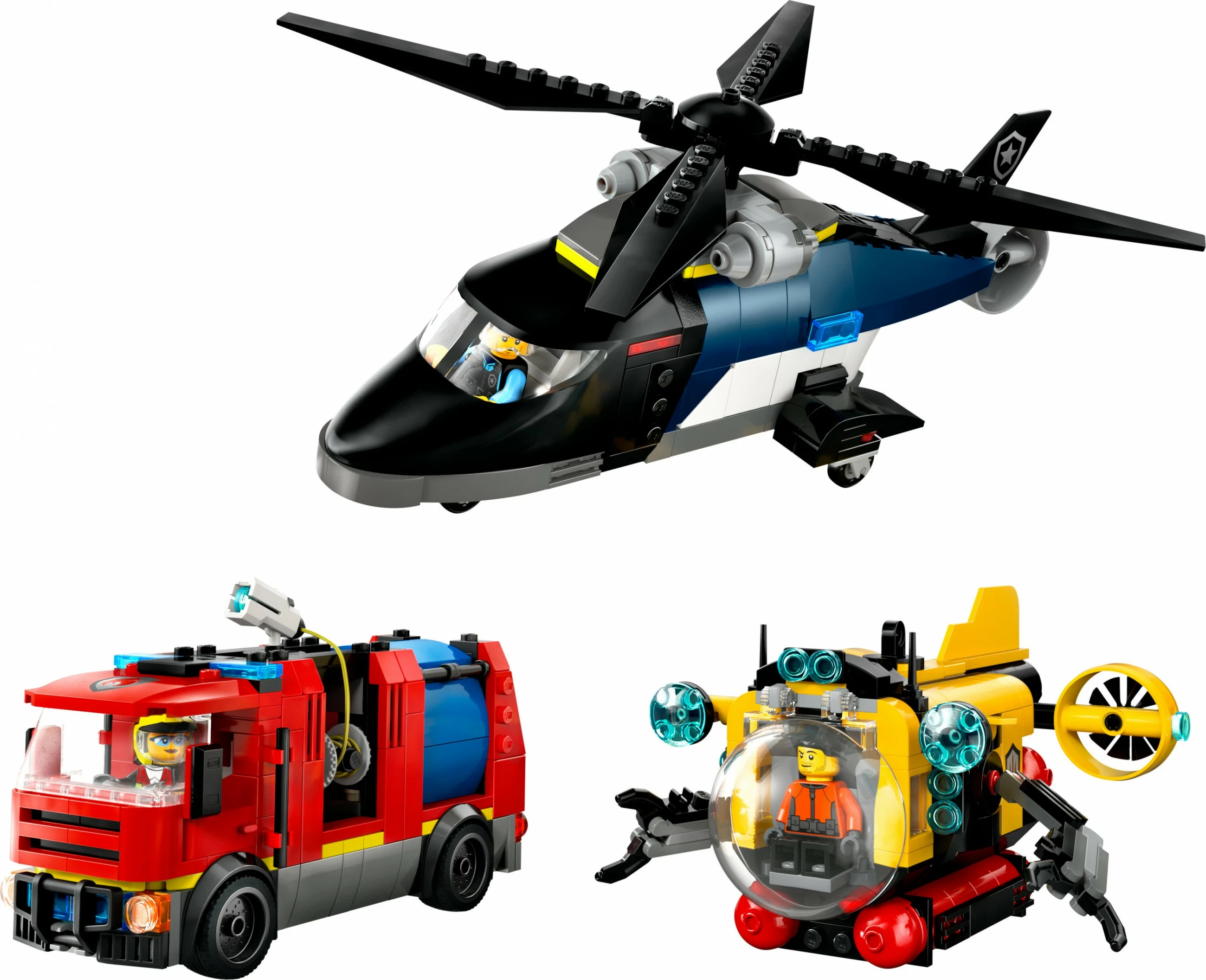 Igriv gradbeni set z 874 kosi, helikopter, gasilsko vozilo, podmornica LEGO City 60462, večbarven