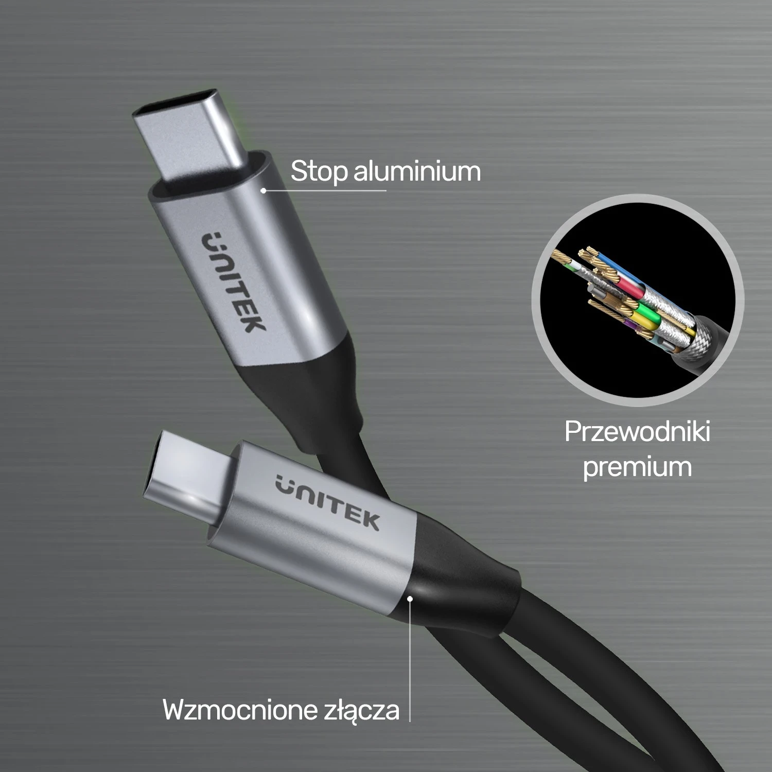 USB-C kabel za USB-C Unitek, 10Gbps, 4K 60Hz, 20V/5A, črn