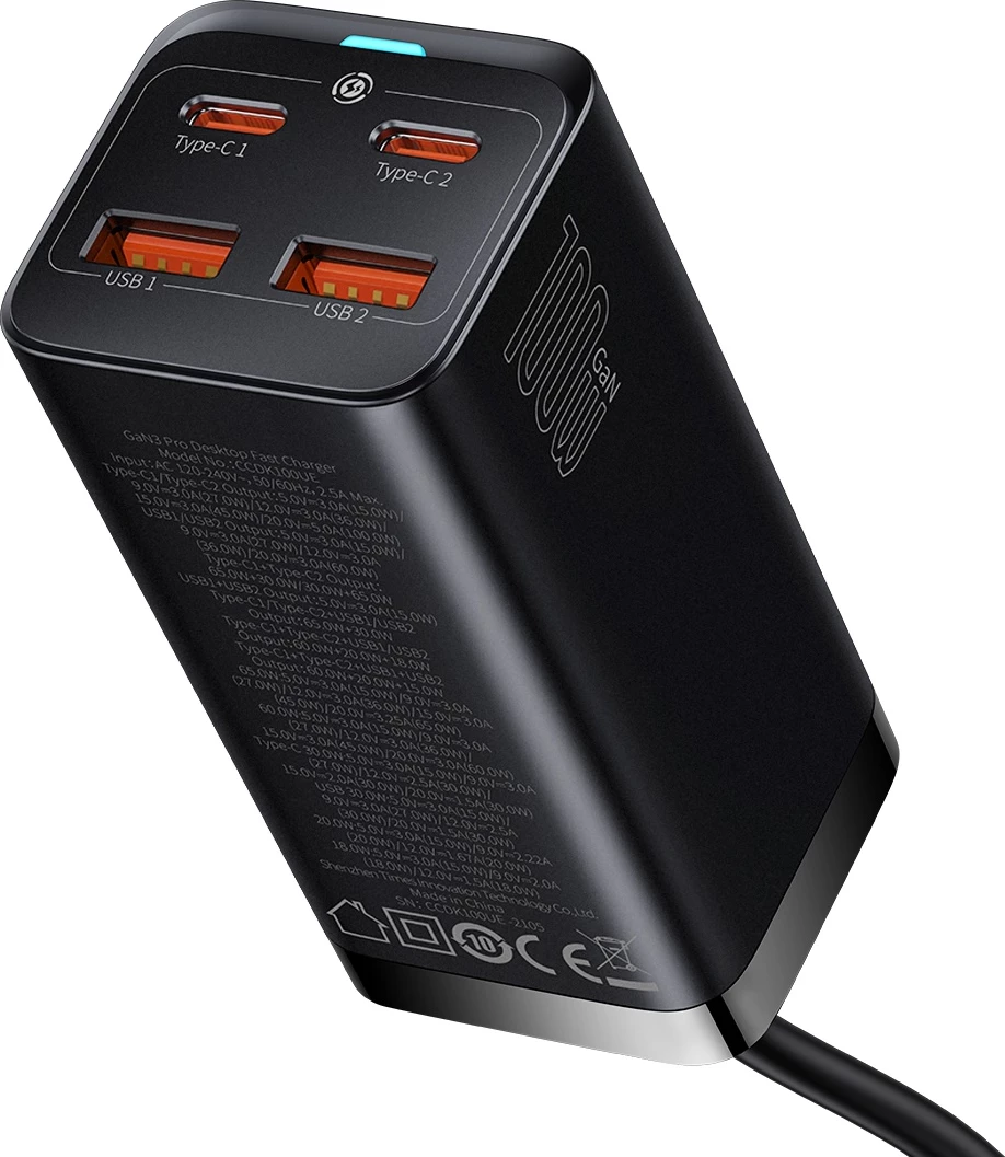 Univerzalni polnilec Baseus GaN3 Pro, 100 W, 2x USB-C, 2x USB-A, črn