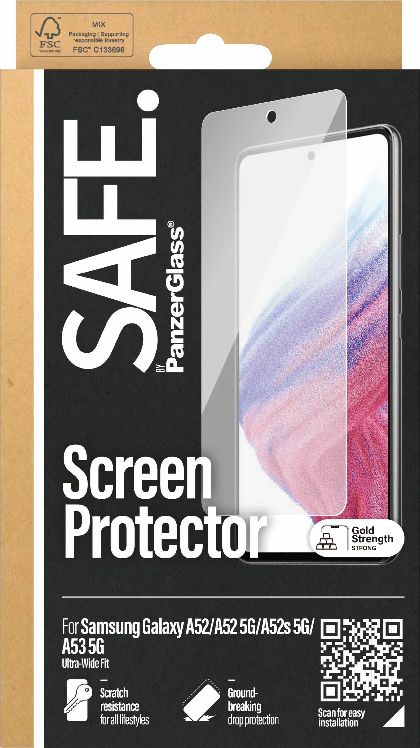 Zaščitno steklo PanzerGlass za Samsung Galaxy A52/A52 5G/A52s 5G/A53s 5G, prozorno s črnim okvirjem