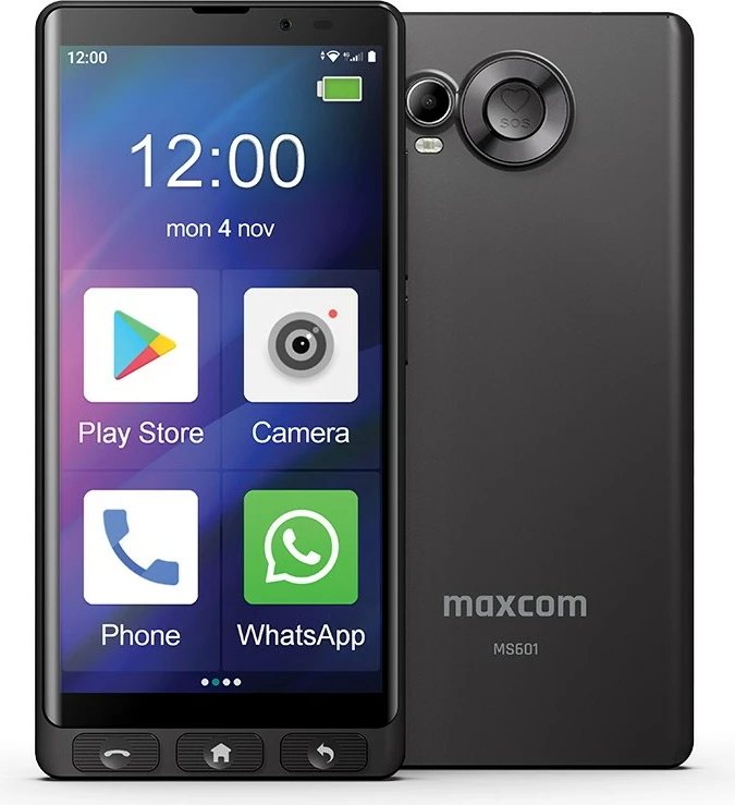 Pametni telefon Maxcom MS601, 4 GB RAM, 64 GB, 6", Android 14, črn, z ovitkom za telefon in namiznim polnilcem