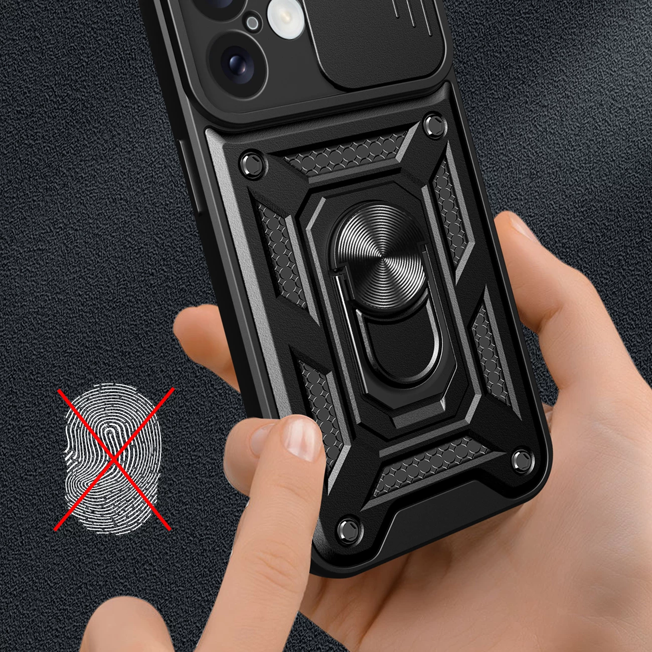 Ovitek za telefon Hybrid Armor Camshield, Hurtel, za iPhone 16, s pokrovom za kamero in stojalom, črn