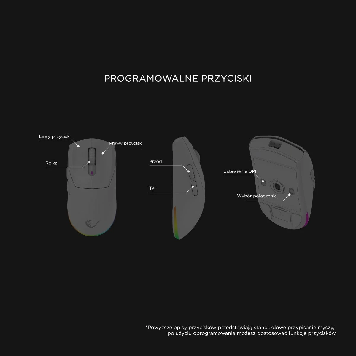 Igralski/ergonomski miš Rampage Prote M5, 24000 DPI, RGB LED, brezžičen/žičen, bel