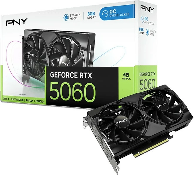 Grafična kartica PNY GeForce RTX 5060 OC, 8 GB DDR7, PCIe x8, 2 ventilatorja, črna
