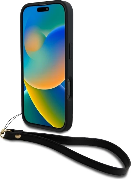 Ovitek za telefon z zapestnim trakom in logotipom DKNY za iPhone 16 Pro, črn