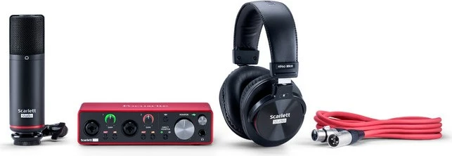 Studijski komplet z mikrofonom, slušalkami in avdio vmesnikom Focusrite Scarlett 2i2, rdeč