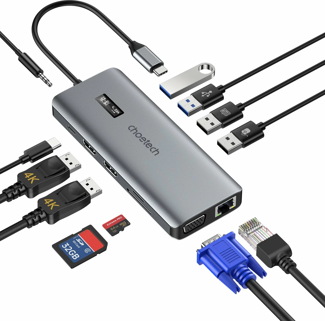 Multifunkcijski hub Choetech HUB-M26, 12-v-1, USB-C, HDMI, VGA, RJ45, siva