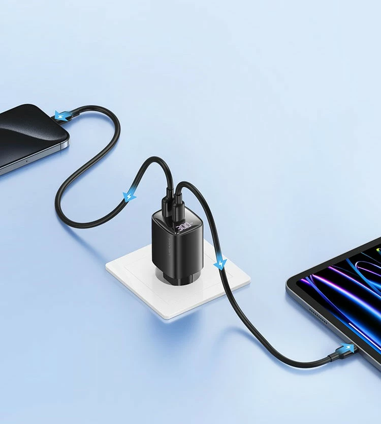 Omrežni polnilec, 30W, GaN, 1x USB, 1x USB-C, z digitalnim zaslonom, USAMS CC229, bel