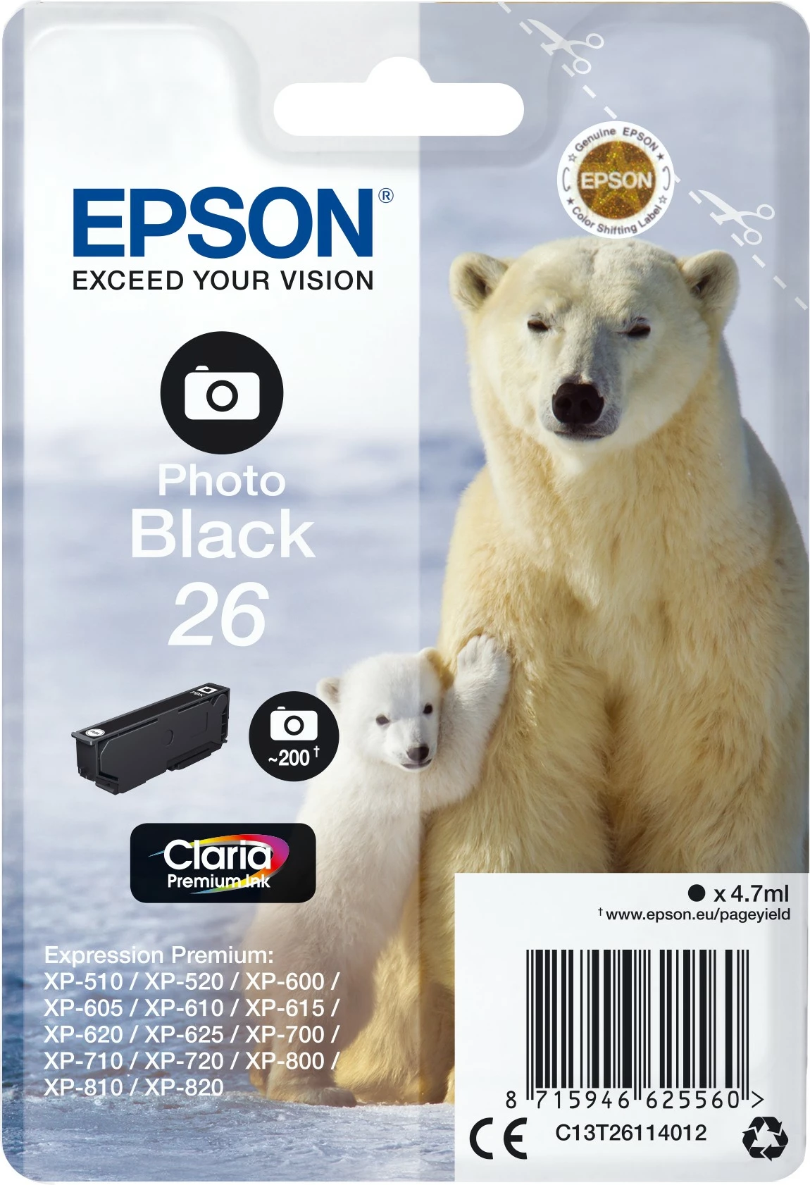 Fotografski toner, Epson Polar bear Singlepack Photo Black 26, 4,7 ml