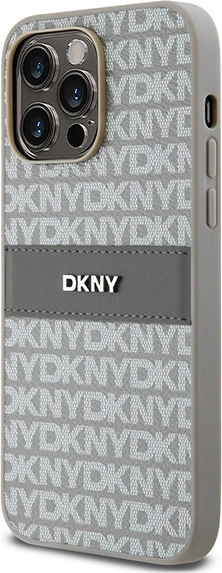Ovitek Mono Stripe in kovinski logotip za iPhone 14 Pro, DKNY, bež