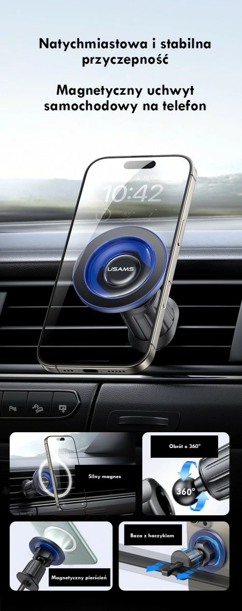Magnetno držalo za reže prezračevanja za pametni telefon, USAMS ZJ081 (USA001646), 360° rotacija, montaža s sponko, črno