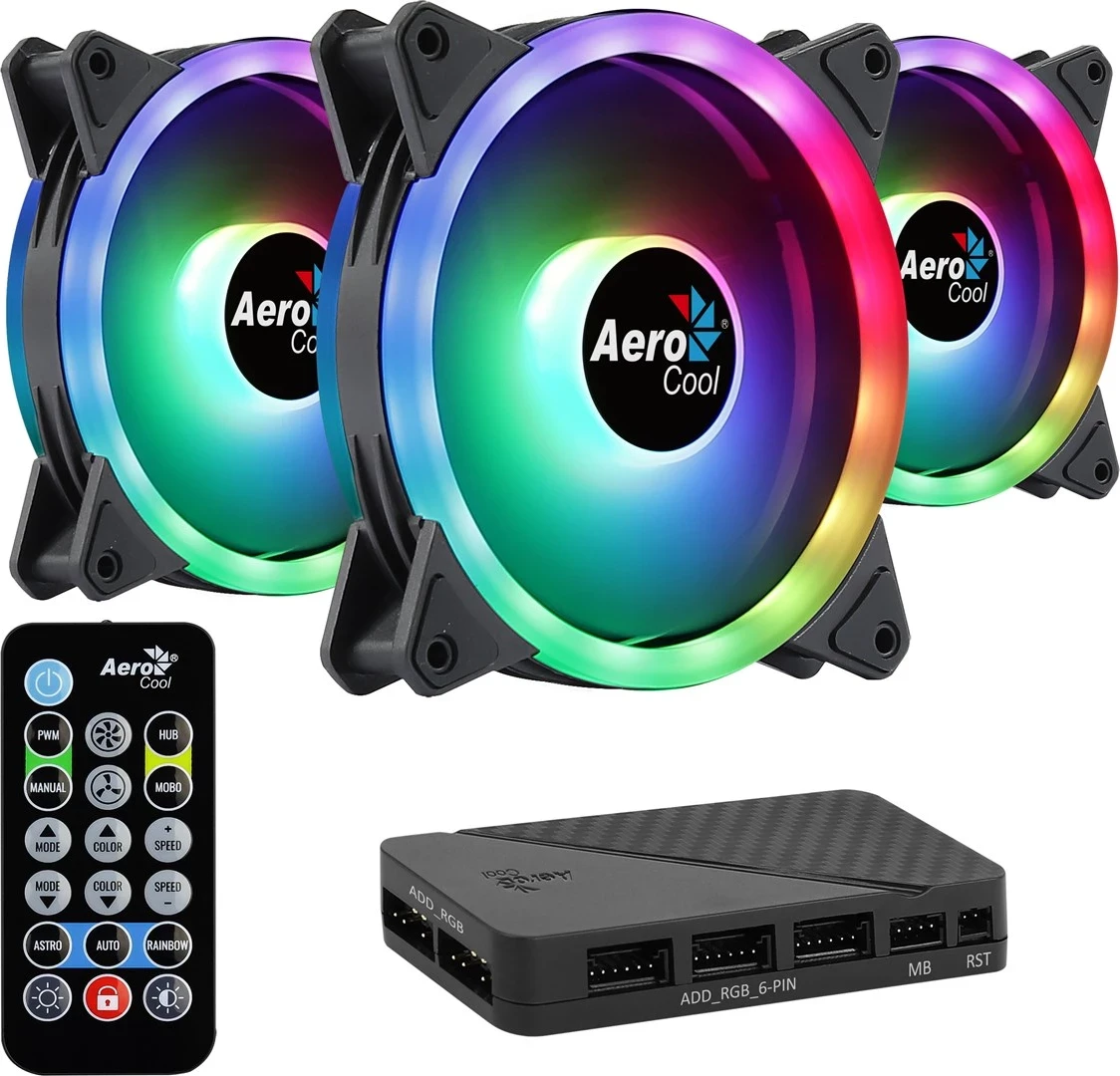 Set 3 ventilatorjev 120 mm ARGB LED z dvojno obročno osvetlitvijo, Aerocool DUO12PRO Kit