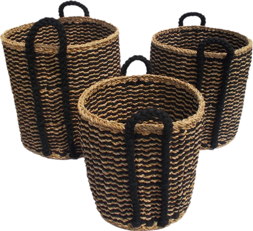 Set košev, 3 kosi, 45x45x45 cm, morska trava in hogla vrv, naravno/črno DURUK