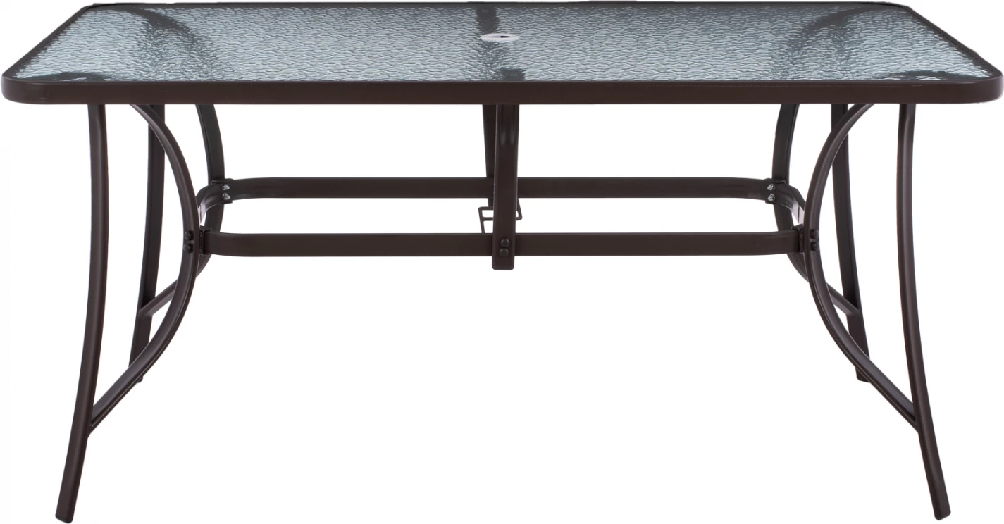 Pravokotna kovinska miza 150x90x75 cm v rjavi barvi z luknjo za dežnik D38 cm