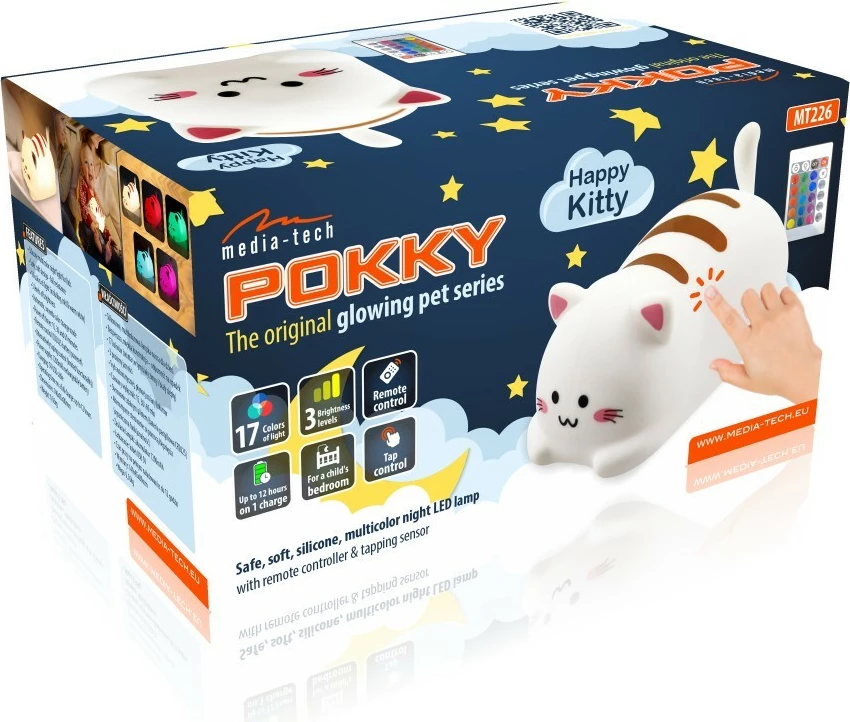 Nočna lučka v obliki mačke, Media-Tech Pokky Happy Kitty MT226, LED, z daljinskim upravljalnikom, večbarvna, bela