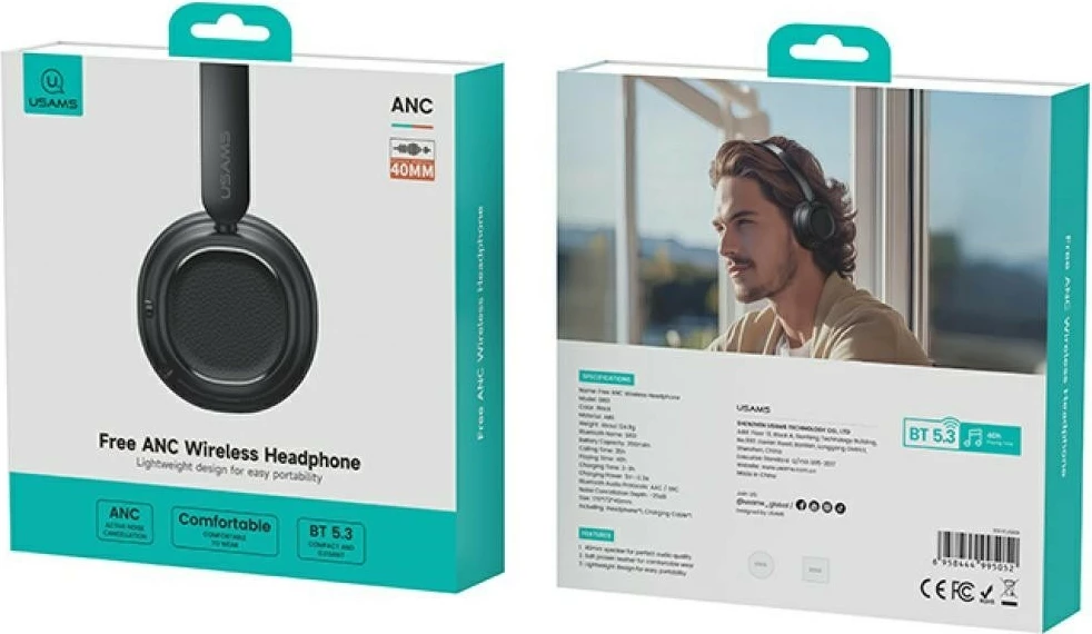 Bluetooth slušalke USAMS SR01 5.3 ANC, on-ear, 40 ur baterije, multipoint, USB-C, črne